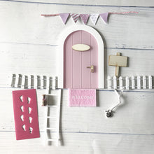 Load image into Gallery viewer, Mini Fairy door Hand Made Cute pink Mouse hole, miniature wooden door with bunting and personalised sign post
